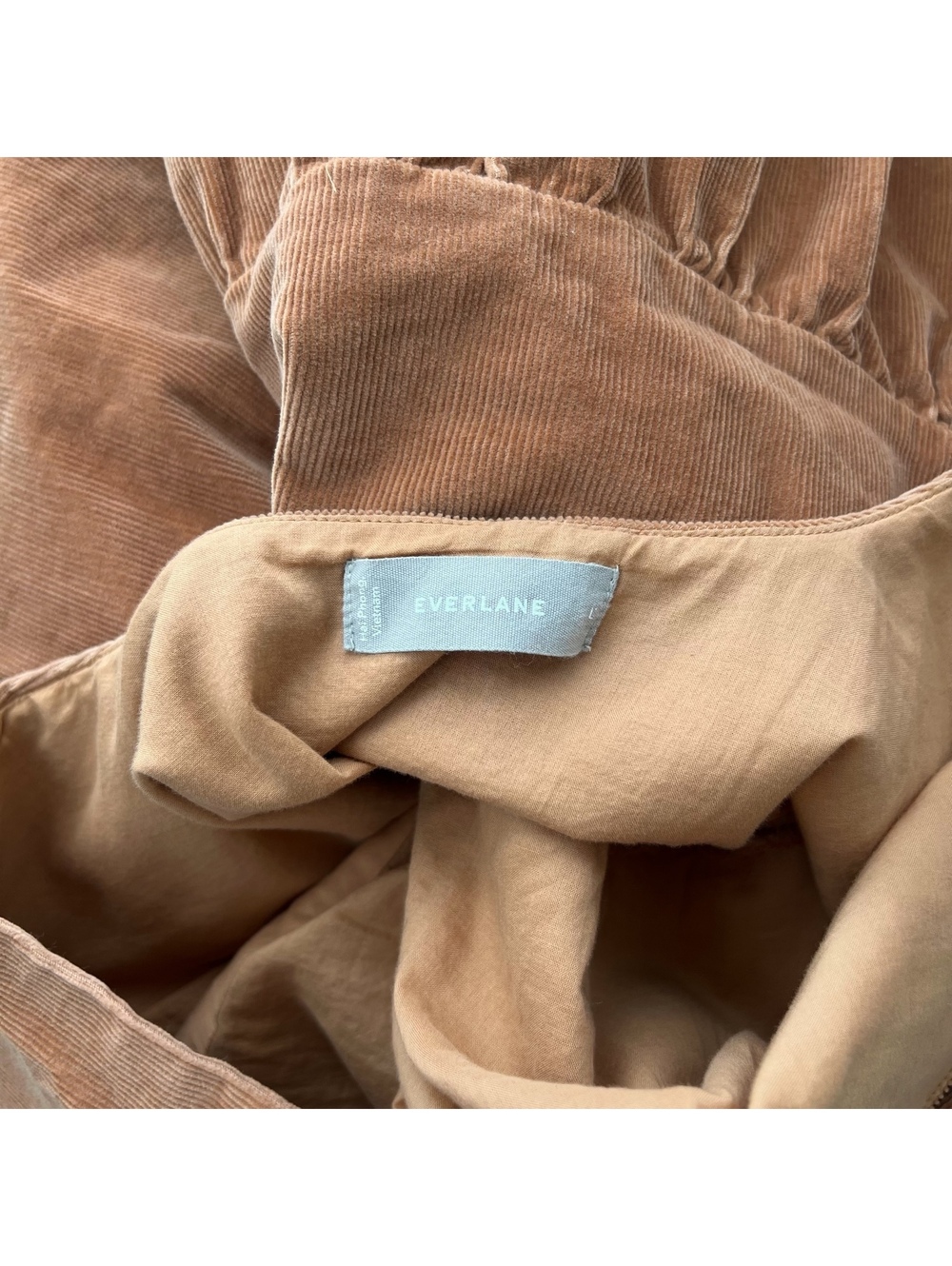 Everlane Camel Corduroy Mini Dress Puff Sleeve Scoop Back Pockets Women’s L - Picture 6 of 8